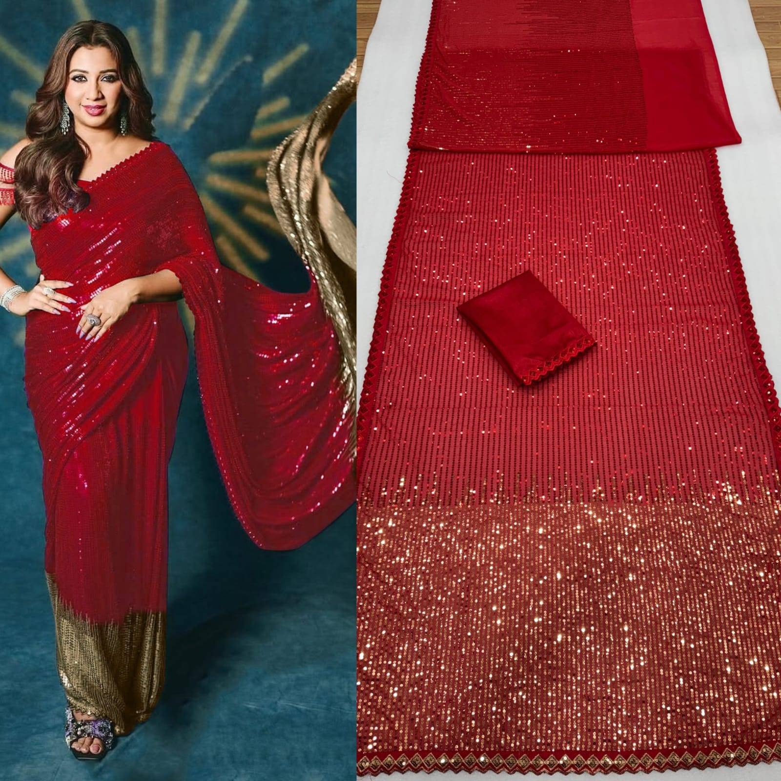 Red Bollywood Blockbuster Georgette Saree with Dual Sequin Embroidery